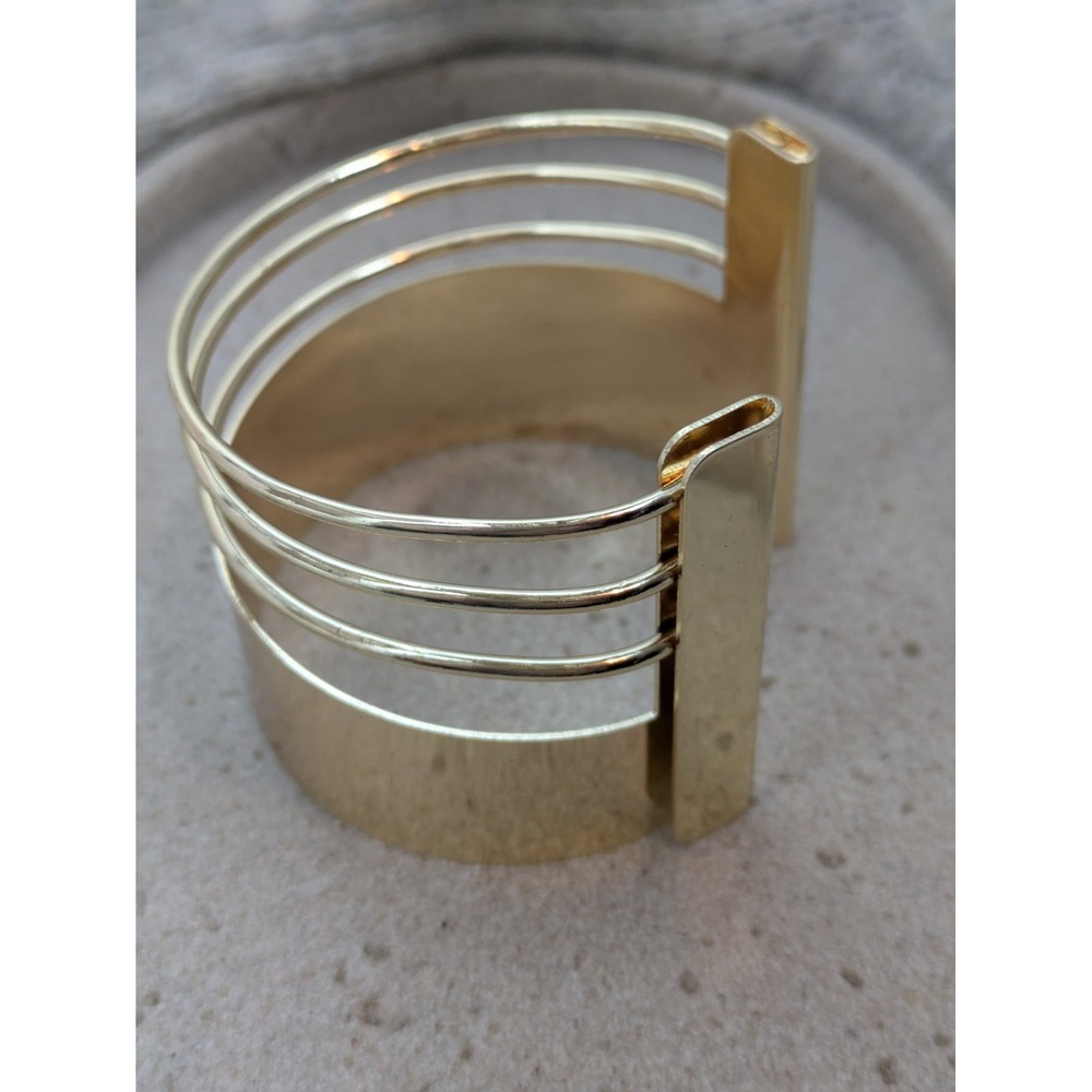 Wide Multi Strand Cuff Bracelet In Glossy Gold Tone Openwork Modernist Abstract